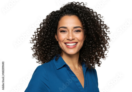 Woman with curly hair smiling brightly on transparent background