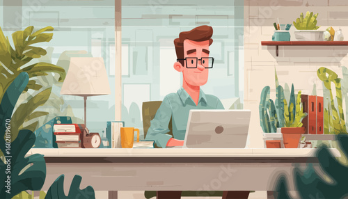 A young man sits at his desk in a bright office surrounded by potted plants, deeply engaged in his work on a laptop. The atmosphere is calm and productive.