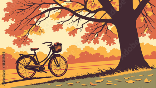 Autumn Bicycle Ride Illustration in a Serene Park with Golden Leaves and a Large Tree