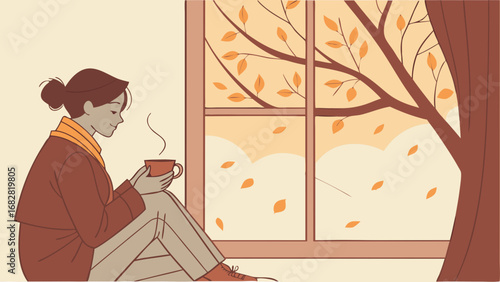Serene Autumn Morning: Person Savoring Warm Beverage by Window with Falling Leaves