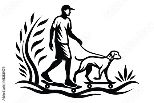 Man Riding Skateboard with Dog on Skateboard, Outdoor Recreation, Vector, White Background