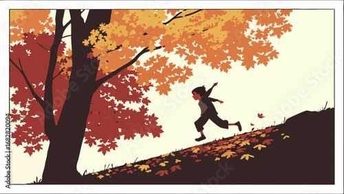 Joyful Child Running Up Autumn Hill Amidst Falling Leaves, Vibrant Fall Season Outdoor Play and Freedom Illustration