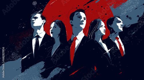 Five individuals dressed in formal suits strike a confident pose against a striking background of colors. Their expressions convey determination and ambition in a corporate setting.