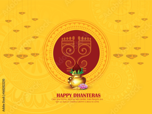Illustration of Dhanteras Celebration with Kalash, Coins, marigold garlands, and footprints symbolizing prosperity,