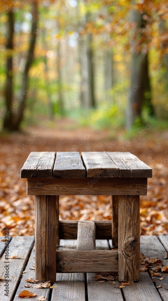 Fototapeta premium Bright orange autumn leaves rest on a weathered wooden table, showcasing the beauty of the season in a tranquil outdoor space