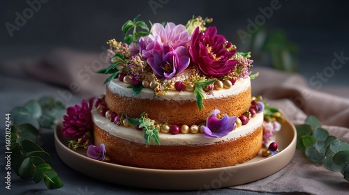 Wallpaper Mural A beautiful Bright, tiered birthday cake decorated with fresh flowers, with a natural and rustic feel Torontodigital.ca