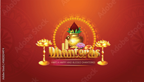 Illustration of Dhanteras Celebration with Kalash, Coins, marigold garlands, and footprints symbolizing prosperity,