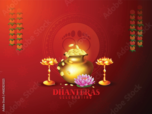 Illustration of Dhanteras Celebration with Kalash, Coins, marigold garlands, and footprints symbolizing prosperity,