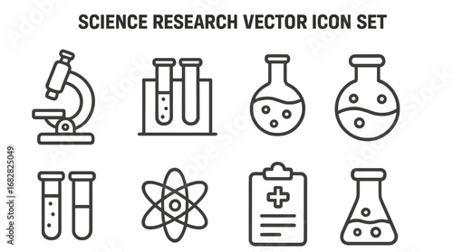 Science research vector icons showcasing laboratory equipment and experiments for educational and professional use