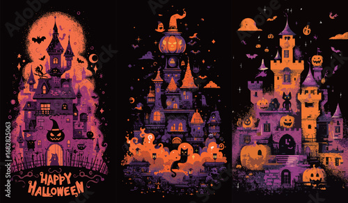 Colorful castles adorned with pumpkins and ghostly elements create a festive Halloween atmosphere. Purple and orange tones dominate the artwork under a moonlit sky.