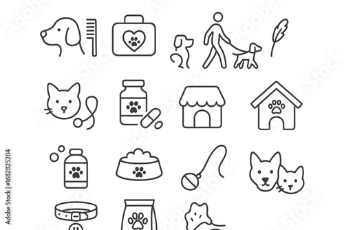 Collection of simplified line icons representing various pet care activities and items for dog and cat owners