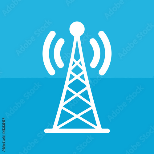 White transmission tower icon with radio waves on a blue square. Dynamic graphic element for telecommunication, internet, and technology themes