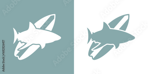 Logo club de surf. Silueta de tiburón blanco con tabla de surf	