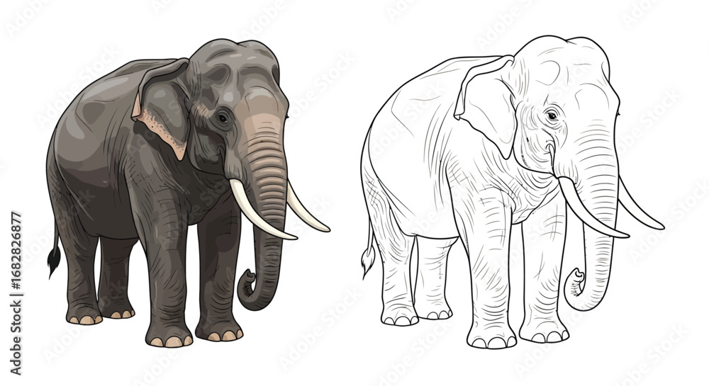 Obraz premium Indian Elephant Coloring Sheet Outline Drawing Educational Wildlife Artwork Kids Adults