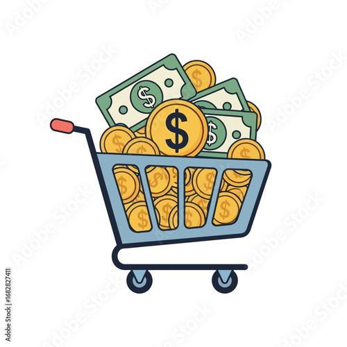 Vector illustration of a shopping cart overflowing with money, symbolizing wealth and commerce