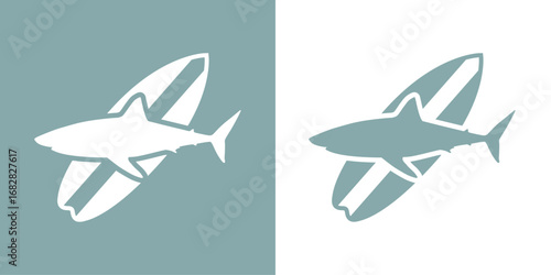 Logo club de surf. Silueta de tiburón con tabla de surf	