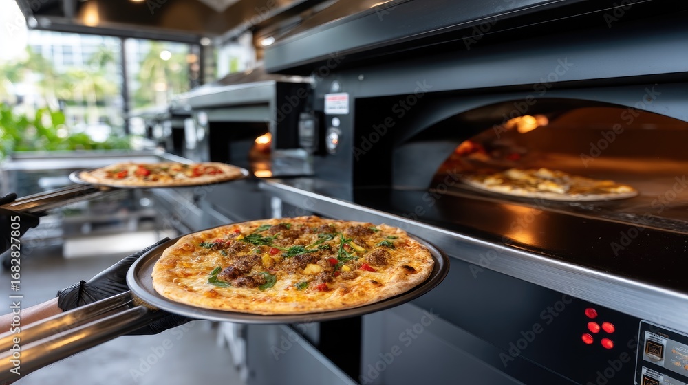Freshly baked pizzas being placed into a commercial oven in an open kitchen environment during lunch hours at a busy restaurant Freshly baked pizzas being placed into a commercial oven in an open kitchen environment during lunch hours at a busy restaurant
