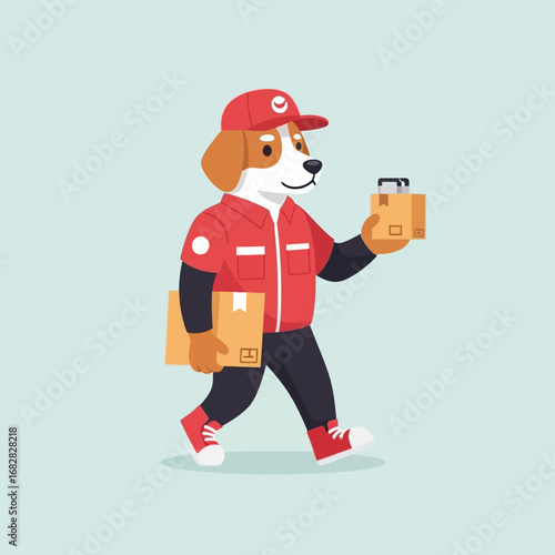 Friendly dog courier character in a red uniform delivering cardboard packages