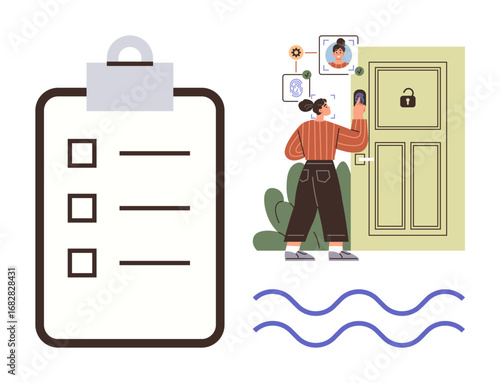 Woman uses a digital keypad to unlock a door with security icons, paired with a checklist for organization. Ideal for security, access control, planning, technology, privacy, task management, simple
