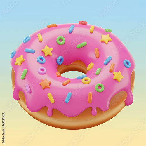 A delightful 3D illustration of a sweet pink glazed donut topped with vibrant and colorful candy sprinkles on a gradient background