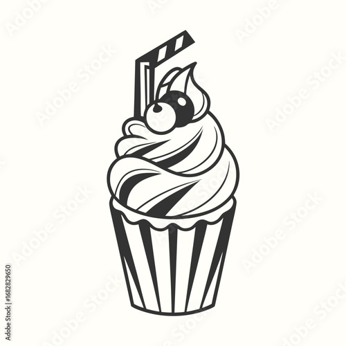 Monochrome Cupcake With Clapperboard Topping Art Isolated Design