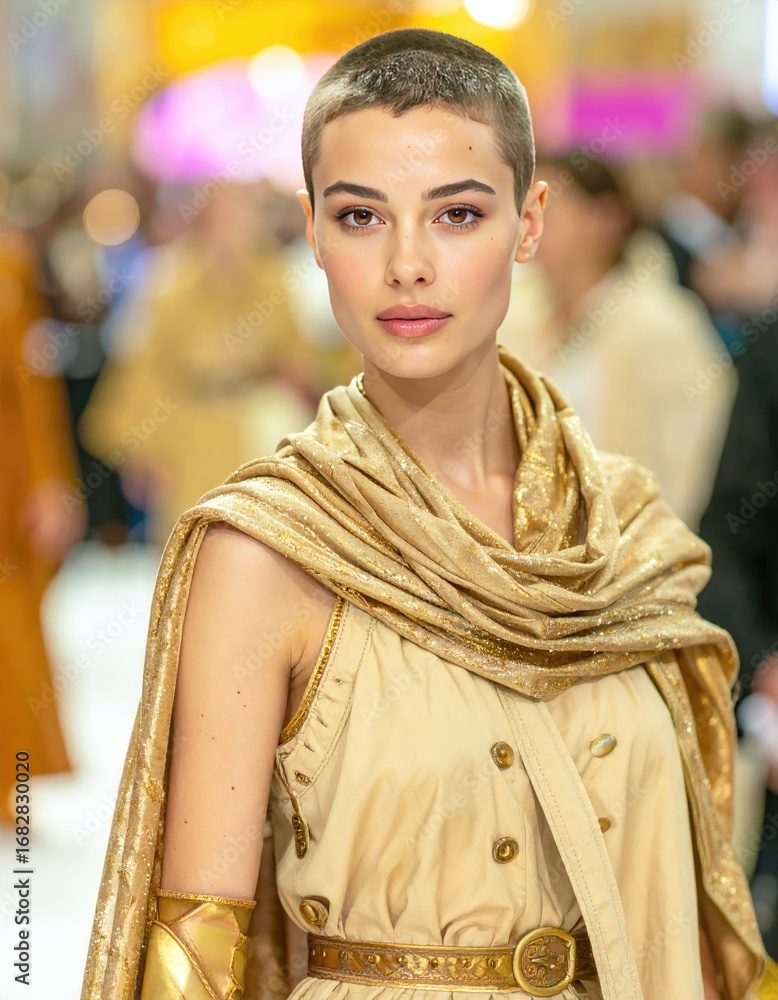 © sarlina - A woman with a short buzz cut wears a beige dress with golden accents, standing in a brightly lit space © sarlina - A woman with a short buzz cut wears a beige dress with golden accents, standing in a brightly lit space