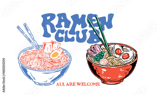 Noodles t shirt design. Ramen artwork. All are welcome. Ramen love club artwork for t shirt print, poster, sticker and other uses.