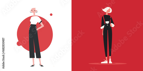 Two fashionable characters pose confidently on distinct backgrounds. The left features a minimalist design with a white backdrop, while the right has a bold red background.