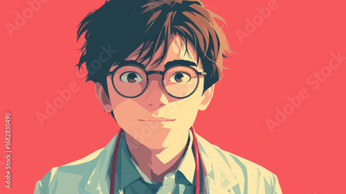 A cheerful young doctor wearing glasses and a white coat smiles brightly. The background is a vivid pink, enhancing the warm and friendly atmosphere.