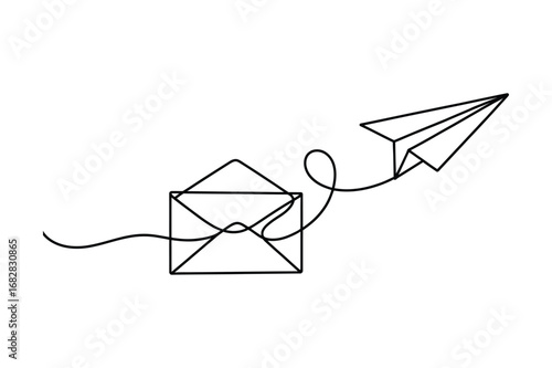 Continuous One Line Drawing of an Envelope and Paper Plane | Minimalist Vector Art of Communication.