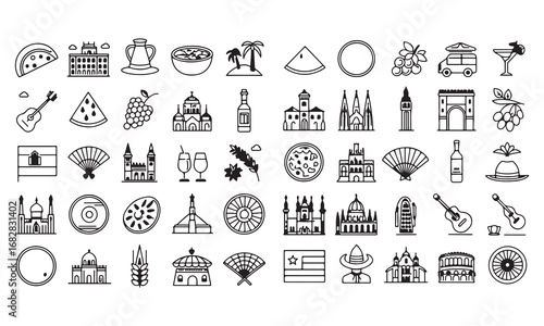 Spain Icons Set Flamenco, Guitar, Paella, Flag & Wine