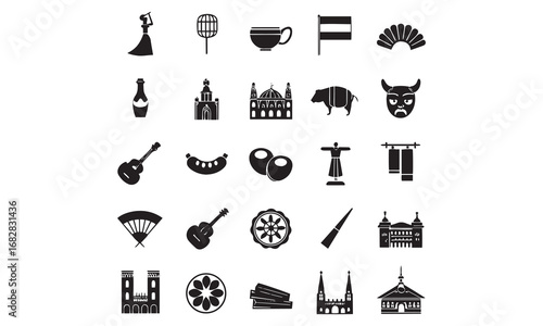 Spain Icons Set Flamenco, Guitar, Paella, Flag & Wine