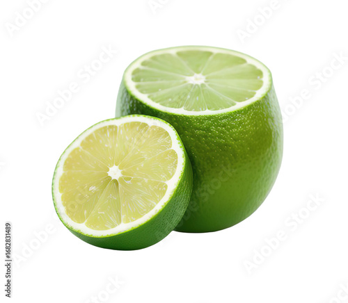 Green lime with cut in half and slices isolated on white background, Generative AI.