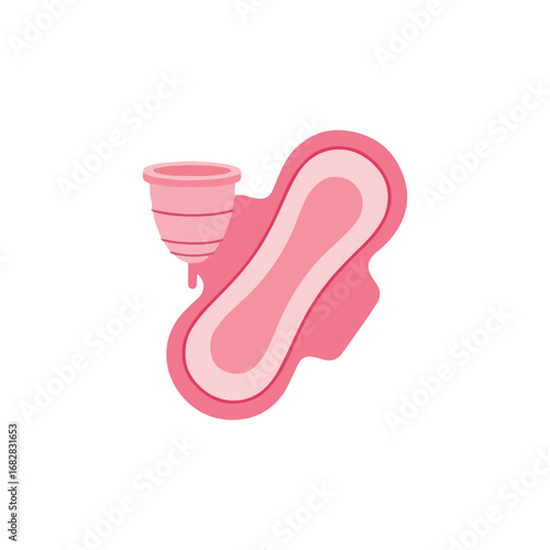 Illustration depicting a pink menstrual cup with dripping liquid next to a pink sanitary pad on a white background.