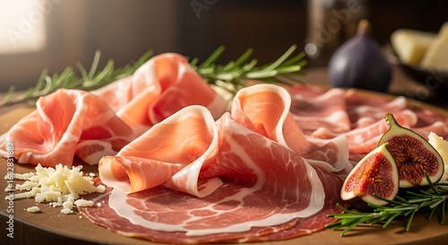 Close up Parma ham photo with sliced figs and cheese.