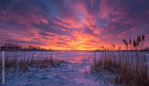 Winter sunrise over a frozen lake, vibrant colors