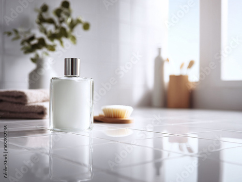 Wallpaper Mural Serene bathroom scene with a lotion bottle on a bright, tiled surface. Represents selfcare, wellness, and minimalist lifestyle. Ideal for beauty or hygiene product marketing. Torontodigital.ca