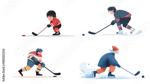 Four young players practice hockey skills on an ice rink. Each child showcases different gear and techniques in their pursuit of honing their game during a chilly day outside.