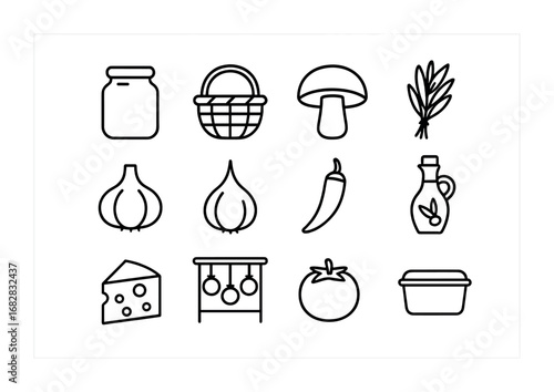 Traditional Food Preservation Icons. Outline icon set of traditional food preservation: jar, basket, mushroom,