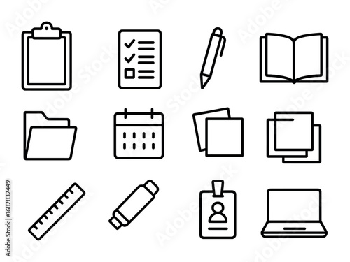 Teacher Notes Icons Set. Outline icon set of substitute teacher notes: clipboard, checklist, pen, open book,