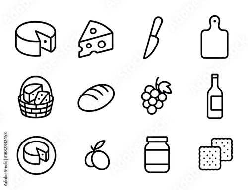 Artisanal Cheese Icons. Outline icon set of artisanal cheese varieties: cheese wheel, slice, knife, cutting
