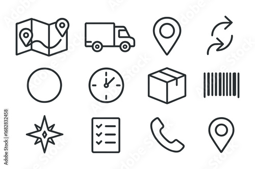 Delivery Route Icons. Outline icon set of delivery route planning: map, delivery truck, location pin, route