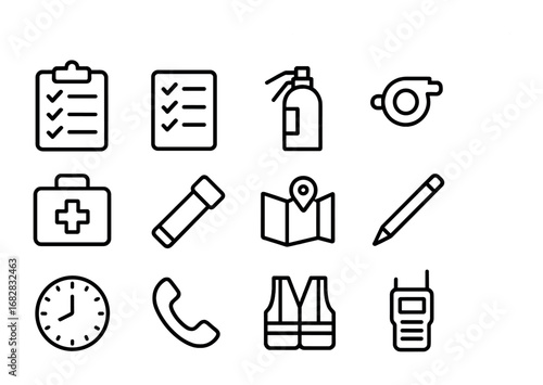 Emergency Drill Icons. Outline icon set of emergency drill checklist: clipboard, checklist, fire extinguisher,