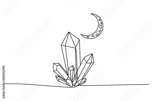 Crystal with Moon Minimal Line Drawing – Spiritual, Healing, Magical Stone Art