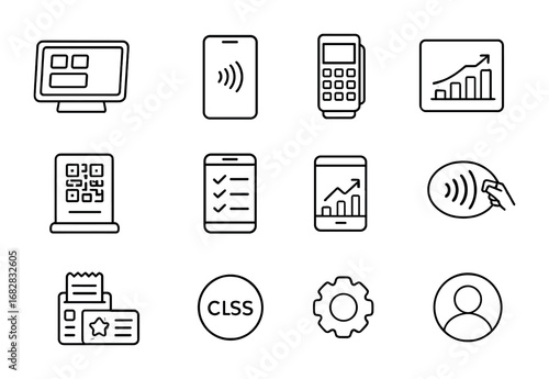 Cashless Business Icons. Outline icon set of small business cashless setup: tablet POS, smartphone payment,