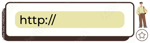 Search input bar with placeholder text http, accompanied by a character on the side and a star icon. Ideal for web navigation, internet browsing, user interface, search tools, online activity