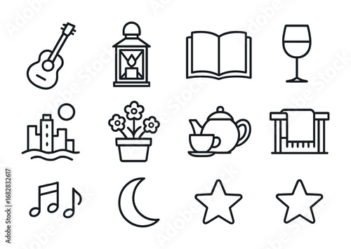 Terrace Evening Icons. Outline icon set of terrace cultural evening: guitar, candle lantern, book, glass of