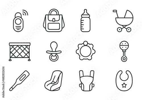 Parenting Icons Grid. Outline icon set of parenting support tools: baby monitor, diaper bag, feeding bottle,
