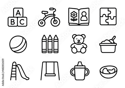 Toddler Activity Icons. Outline icon set of toddler activities: toy blocks, tricycle, picture book, puzzle,