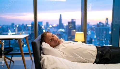 Tired businessman napping in hotel room
